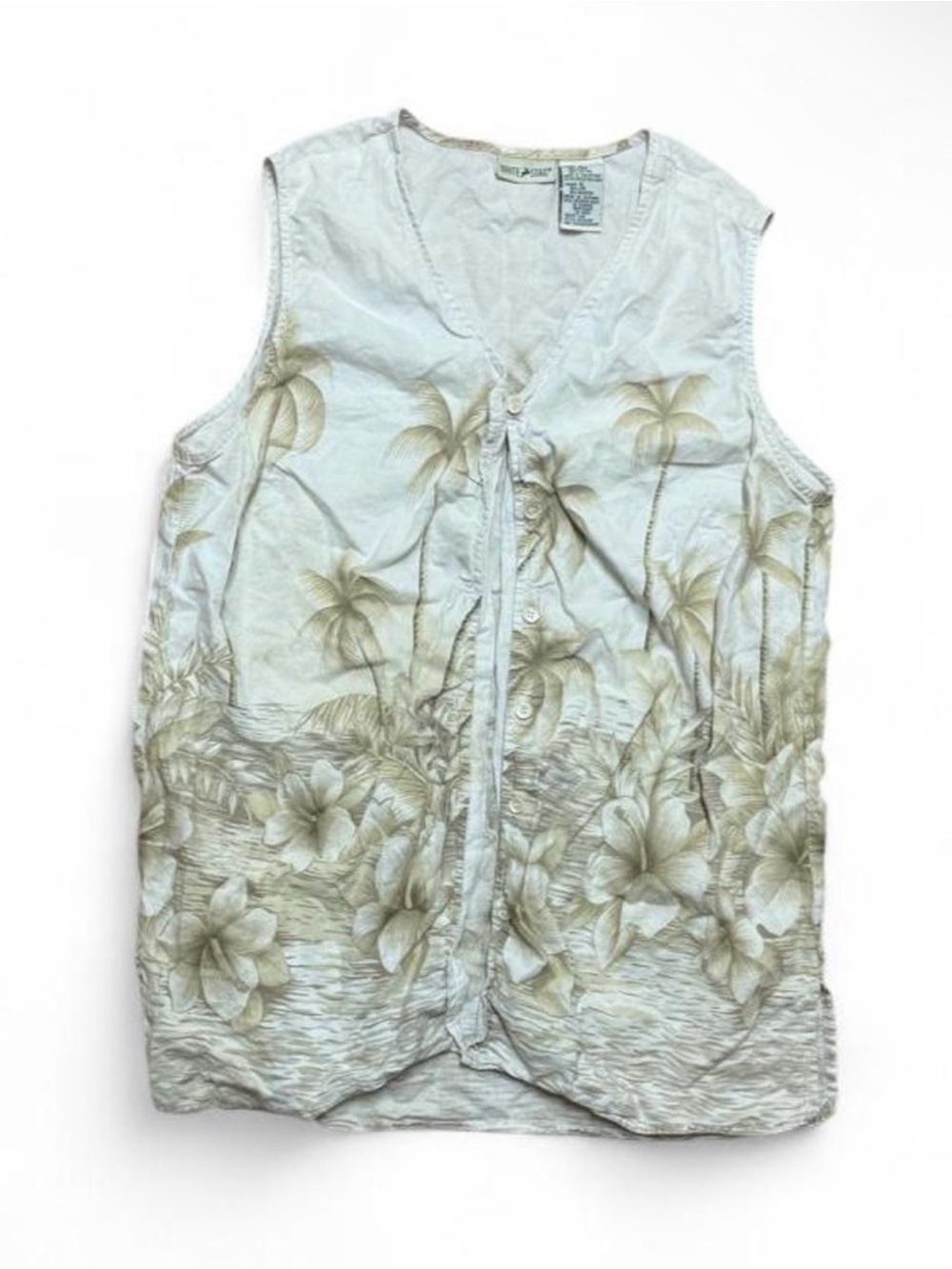 Vintage Linen & Cotton blend White Stag button down sleeveless top tropical tans